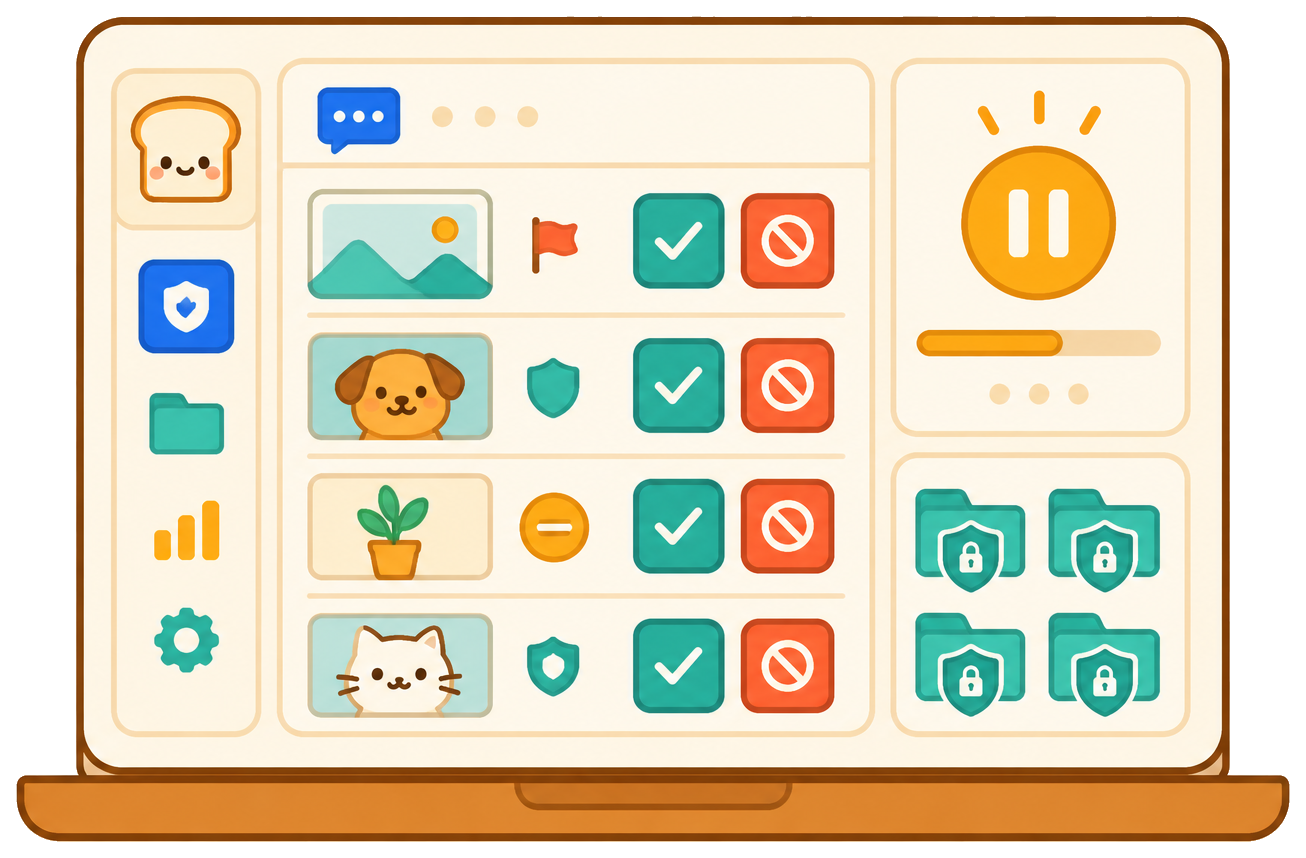 BreadHead approval control screen with review queue, approve and reject controls, launch hold, and protected folders