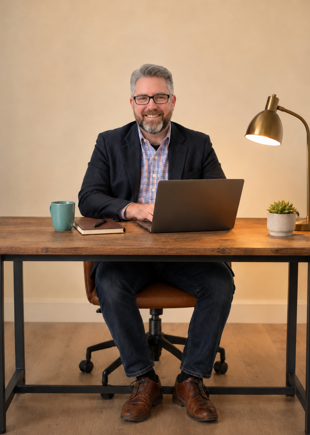 client-provided founder working portrait for the origin story, warm desk light and relaxed expert posture