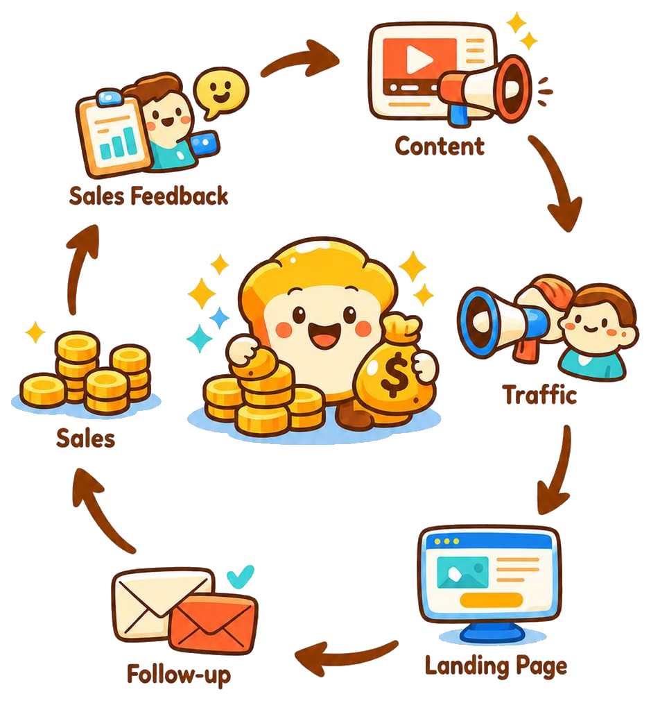 campaign pieces connected into one revenue loop: landing page, follow-up, content, traffic, leads, and sales feedback